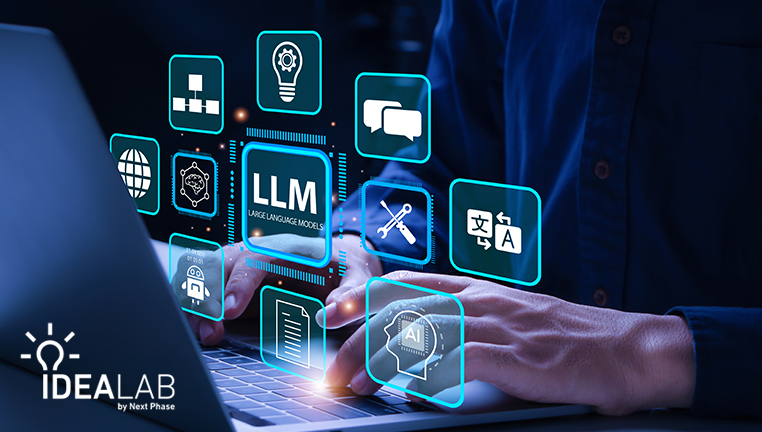 Businessman working on laptop with LLM icons on virtual screen
